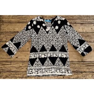 Tory Richard Women’s Size XS Black/White Geometric 3/4 Sleeve Tunic Blouse NWOT